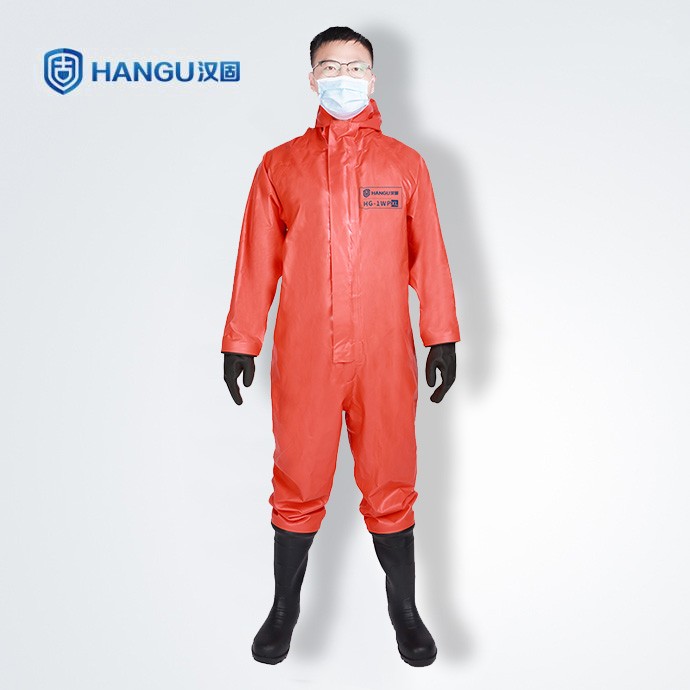 漢固牌耐酸堿防化服HG-1WP桔紅色連體手套結(jié)構(gòu)GB24539-2021